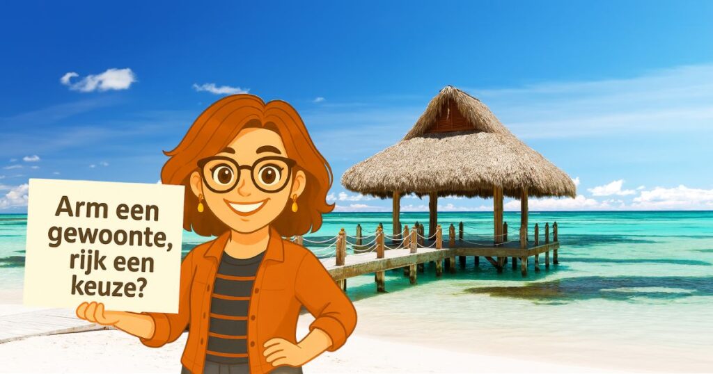 Avatar aan strand met bordje arm is een gewoonte en rijk een keuze