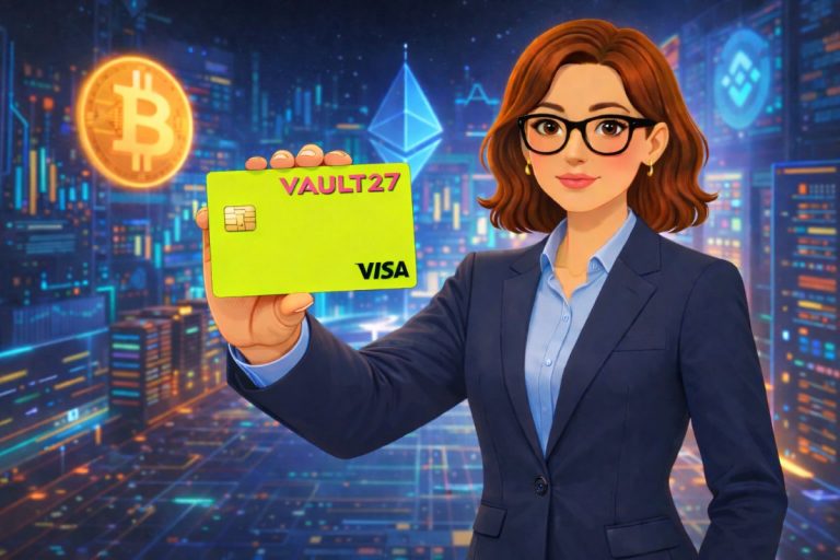 Zakenvrouw met Vault27 kaart